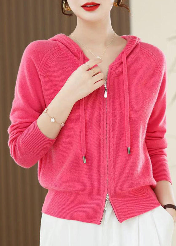 Red Zip Up Wool Knit Hooded Cardigans Spring