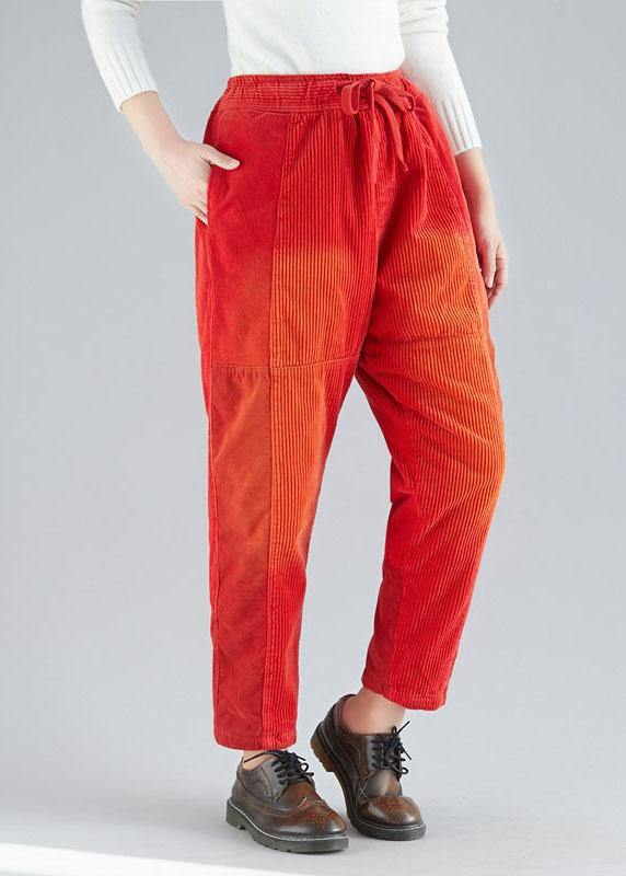 Red Retro Colorblock Tie Waist Fall Corduroy Pants