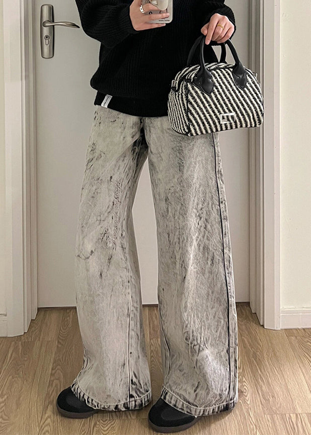Retro Grey Patchwork High Waist Denim Pants
