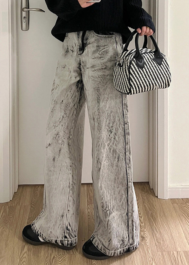 Retro Grey Patchwork High Waist Denim Pants
