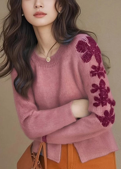 Rose Embroidered Side Open Knit Sweater Tops Winter