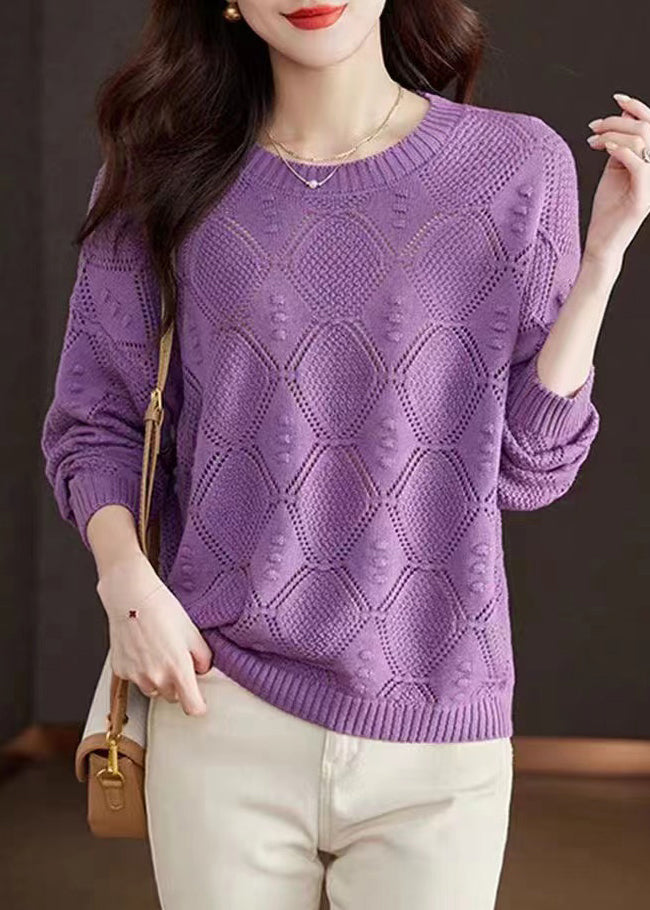Rose O-neck Hollow Out Cotton Knitted Sweaters Spring