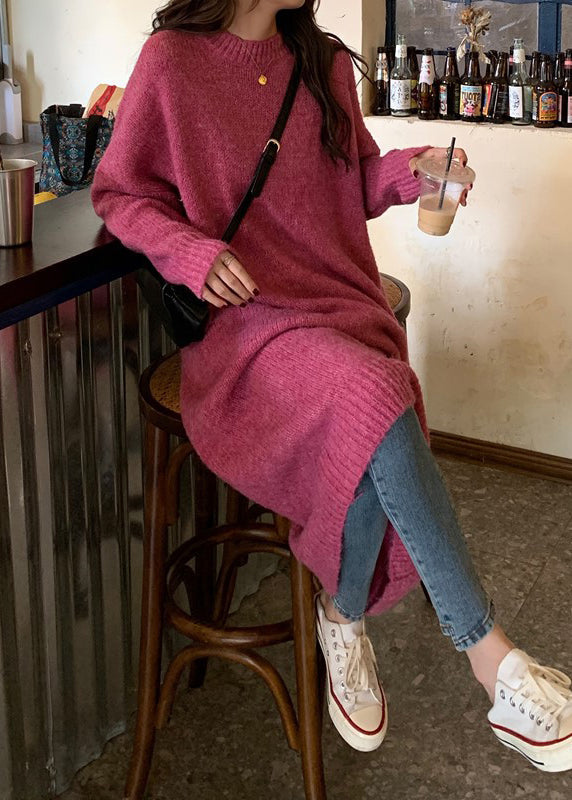 Rose O-neck Thick Cozy Loose Knit Sweater Dress Winter