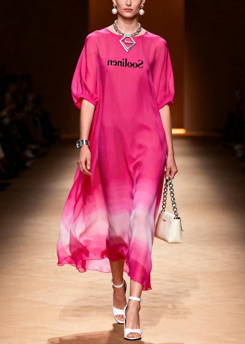 Rose O-neck Tie Dye Chiffon Long Dress Summer