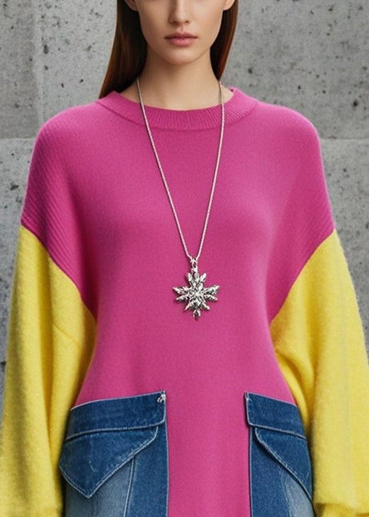 Rose Oversized Patchwork Denim Knit Sweater Fall