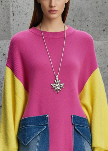 Rose Oversized Patchwork Denim Knit Sweater Fall