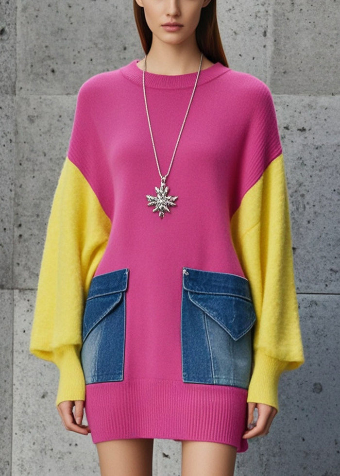 Rose Oversized Patchwork Denim Knit Sweater Fall