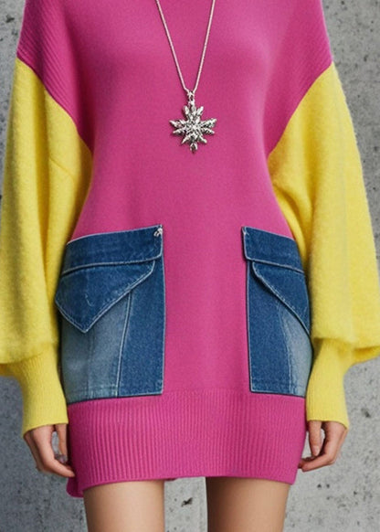 Rose Oversized Patchwork Denim Knit Sweater Fall