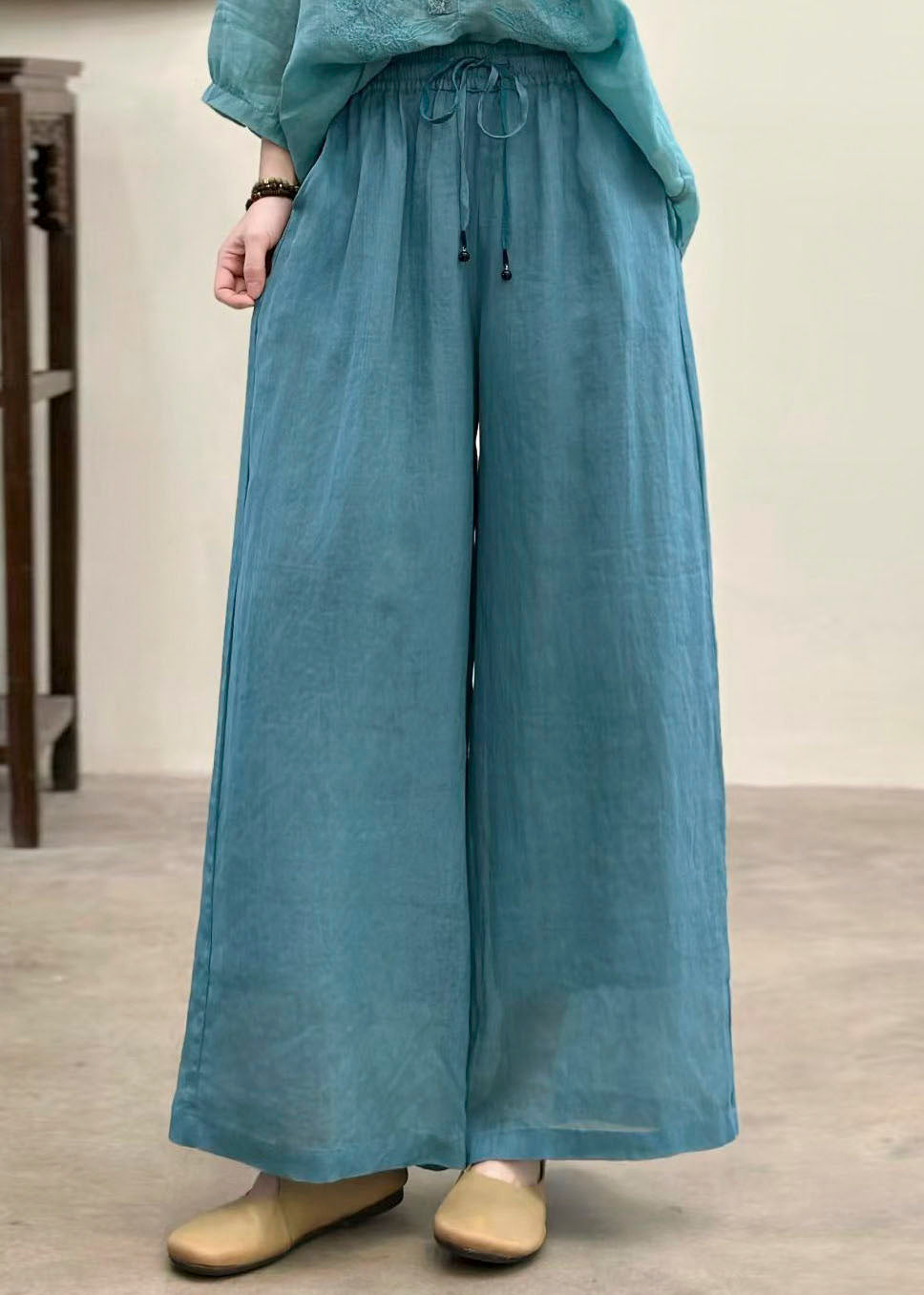 Rose Pockets Elastic Waist Linen Pants Summer