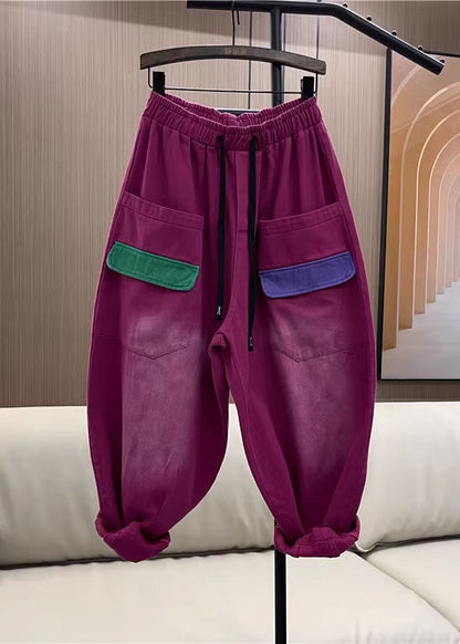 Rose Purple Pockets Elastic Waist Denim Harem Pants Fall