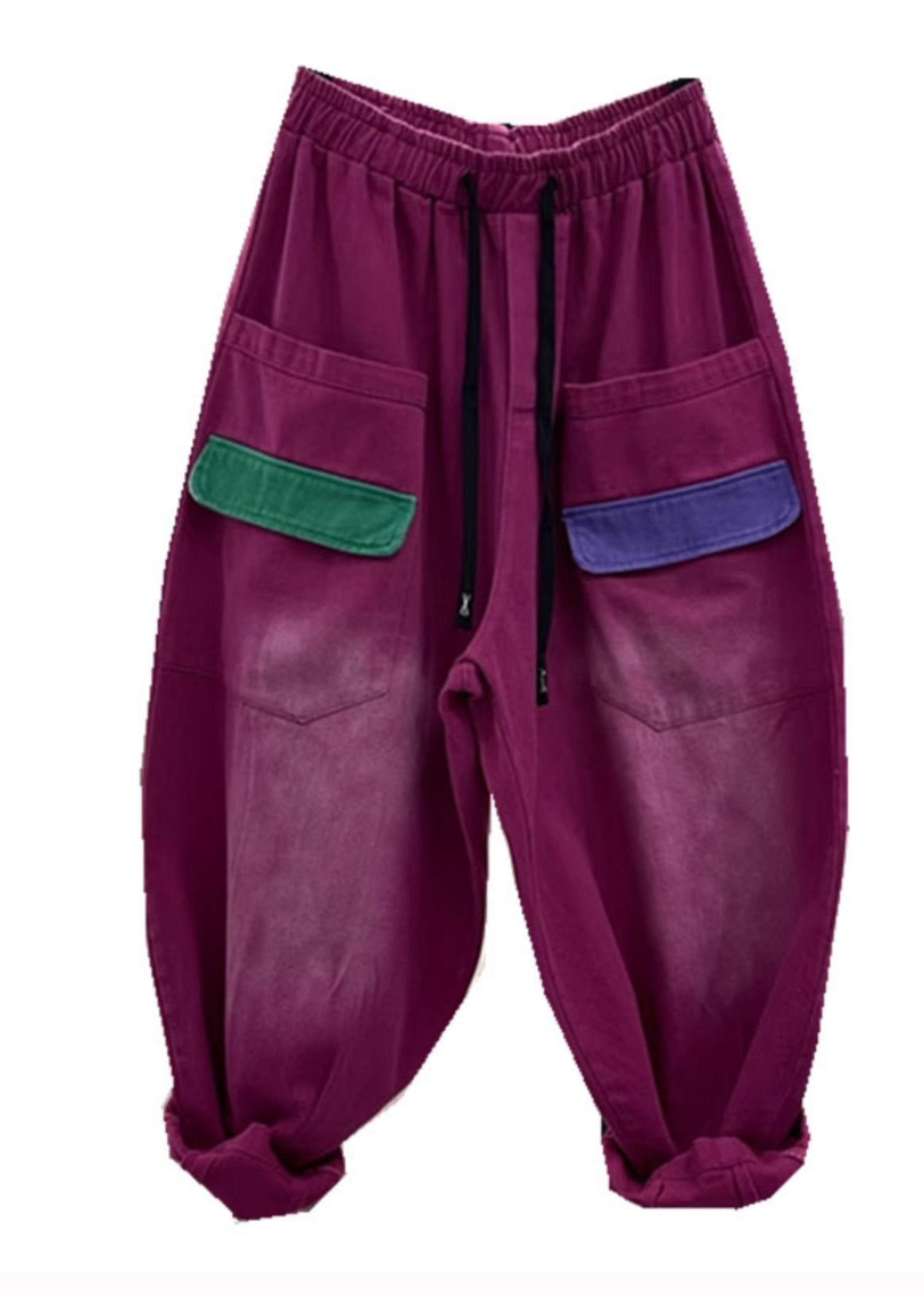 Rose Purple Pockets Elastic Waist Denim Harem Pants Fall