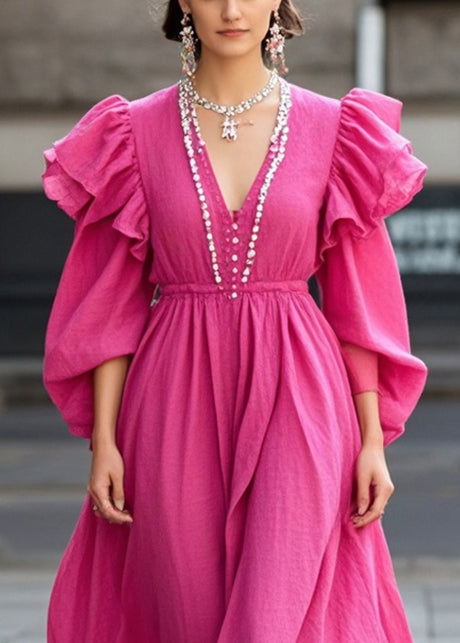 Rose Ruffled Nail Bead Cotton Party Dress Spring
