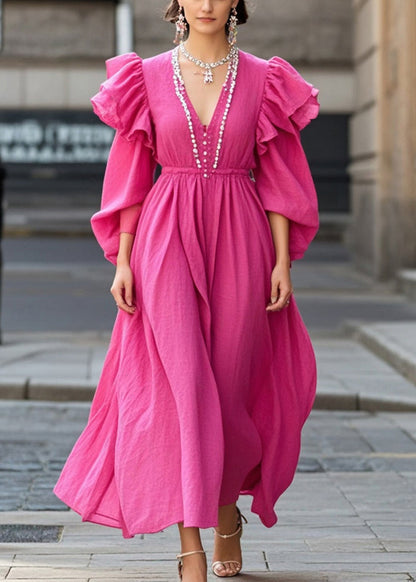 Rose Ruffled Nail Bead Cotton Party Dress Spring