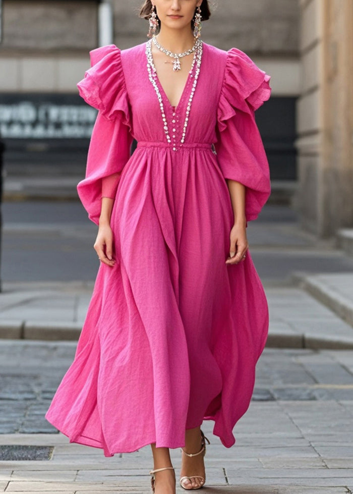 Rose Ruffled Nail Bead Cotton Party Dress Spring