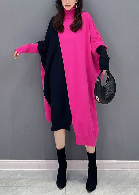 Rose Turtleneck Asymmetrical Patchwork Cotton Knit Long Dress Fall