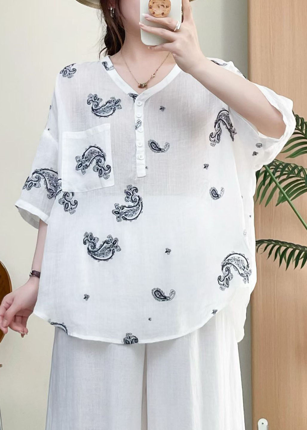Rose V Neck Embroidered Linen Top Summer