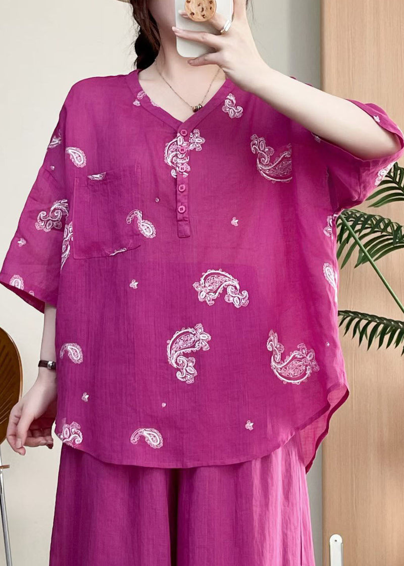 Rose V Neck Embroidered Linen Top Summer