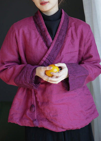 Rose V Neck Tie Waist Warm Fleece Linen Parka Winte