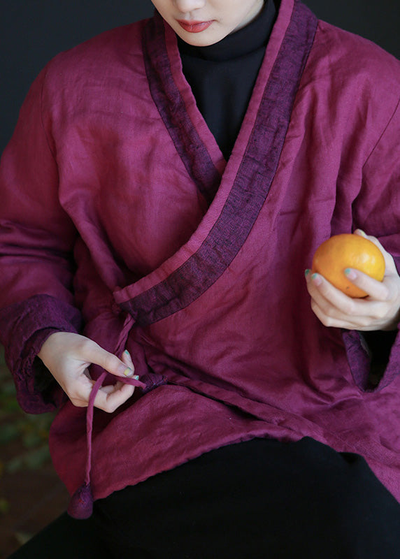 Rose V Neck Tie Waist Warm Fleece Linen Parka Winte