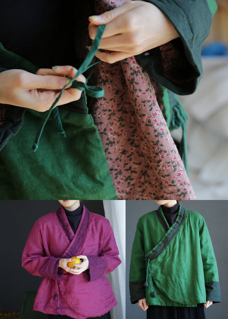 Rose V Neck Tie Waist Warm Fleece Linen Parka Winte