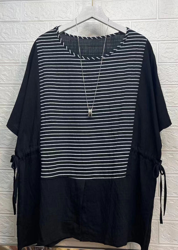 Rubber Red Striped Drawstring Patchwork Cotton Tops Summer