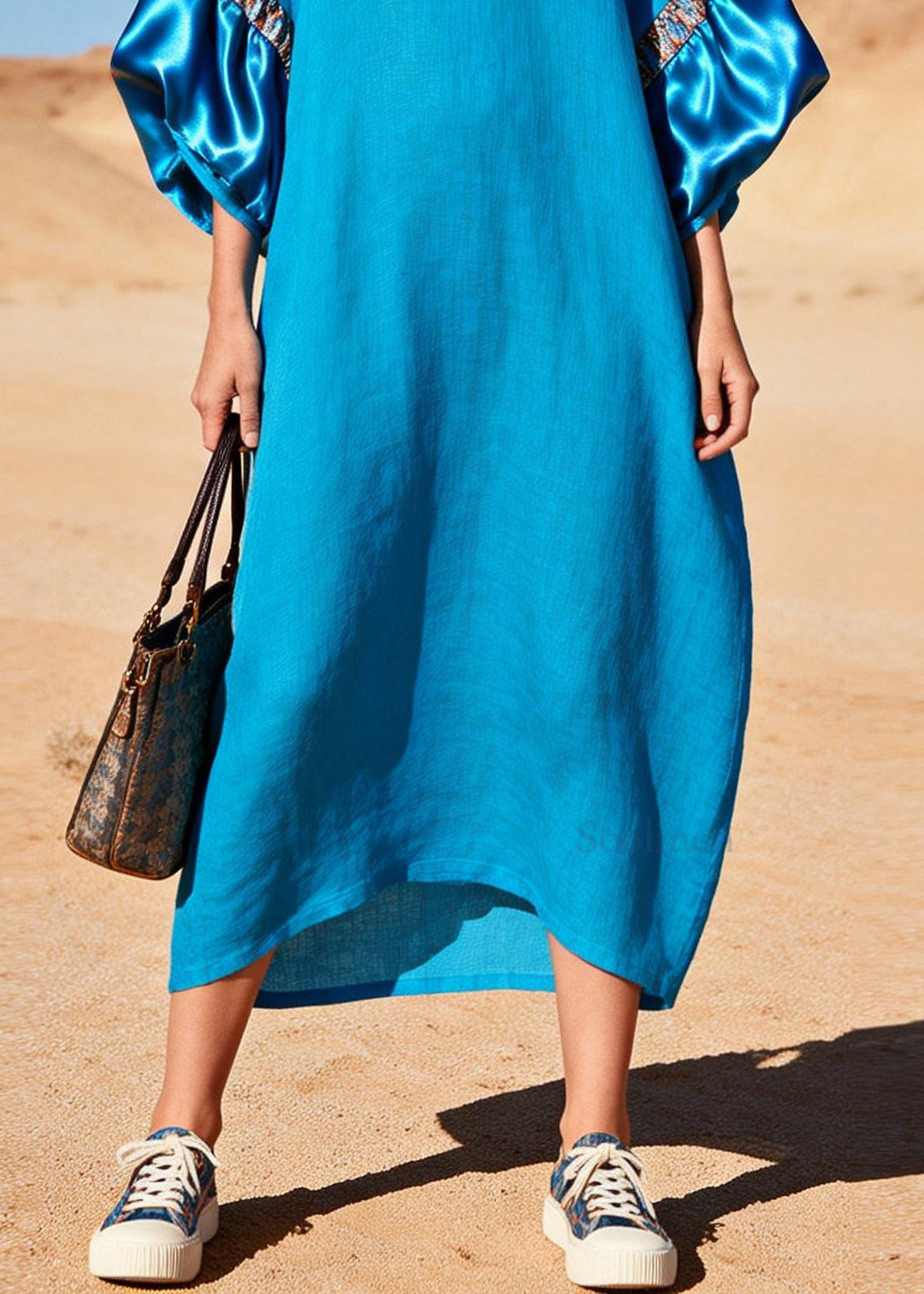 Sea Blue V Neck Patchwork Cotton Maxi Dress Lantern Sleeve