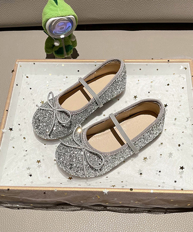 Silvery Bow Lace Up Flat Shoes