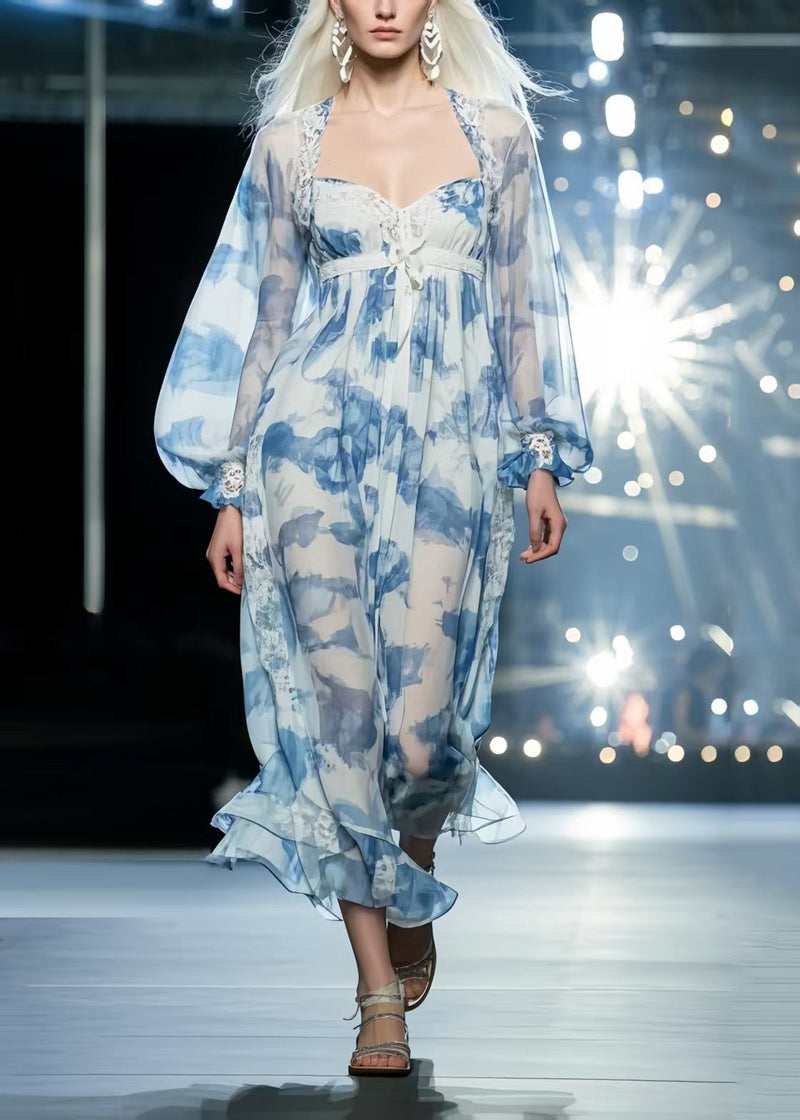 Sky Blue Print Draping Chiffon Vacation Dresses Summer