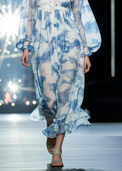 Sky Blue Print Draping Chiffon Vacation Dresses Summer