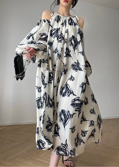 Slash Neck Print Maxi Dresses Puff Sleeve