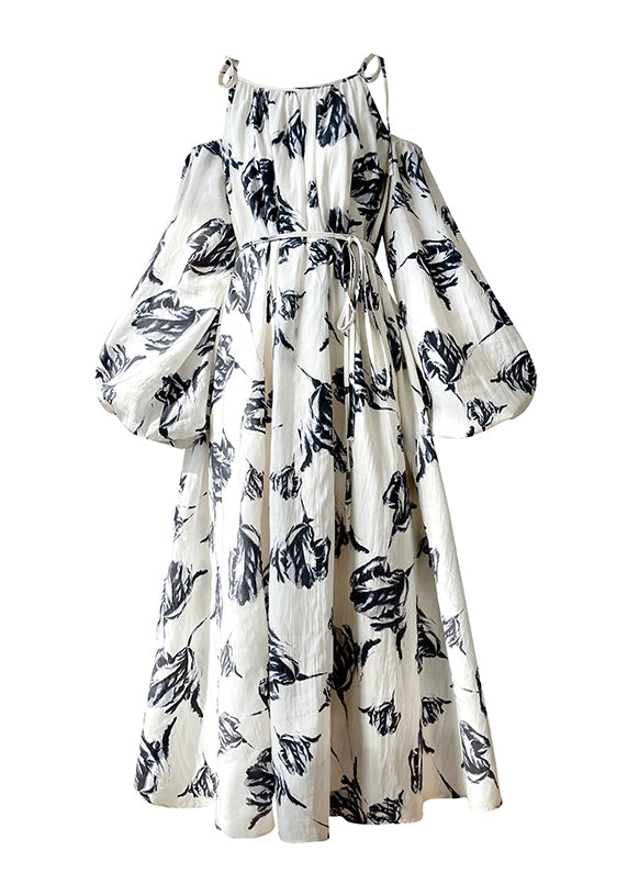 Slash Neck Print Maxi Dresses Puff Sleeve