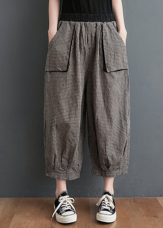 Small Plaid Pockets Elastic Waist Cotton Crop Pants Summer