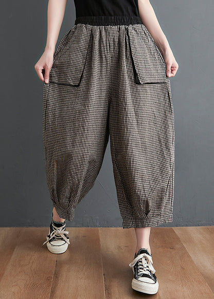 Small Plaid Pockets Elastic Waist Cotton Crop Pants Summer