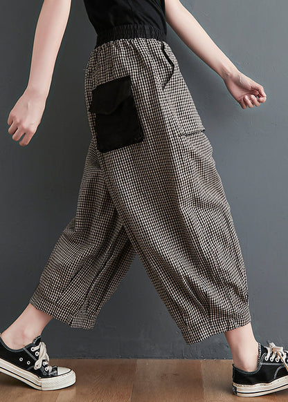 Small Plaid Pockets Elastic Waist Cotton Crop Pants Summer