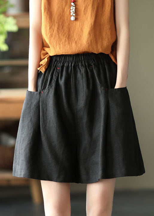 Black Elastic Waist Linen Shorts Trousers Summer