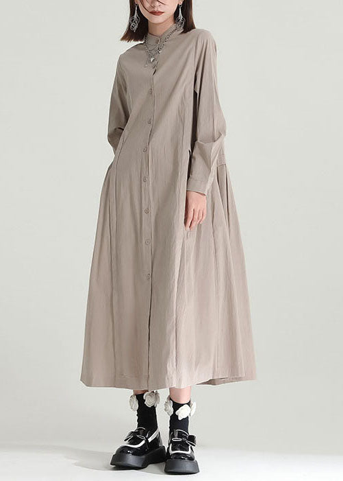 Color Stand Collar Patchwork Linen Long Dress Fall