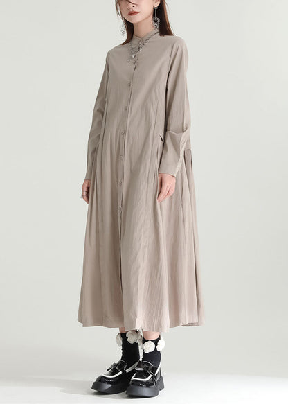 Color Stand Collar Patchwork Linen Long Dress Fall