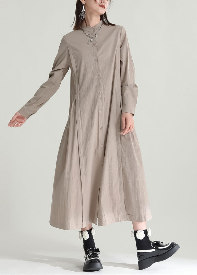 Color Stand Collar Patchwork Linen Long Dress Fall