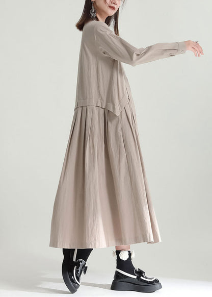 Color Stand Collar Patchwork Linen Long Dress Fall