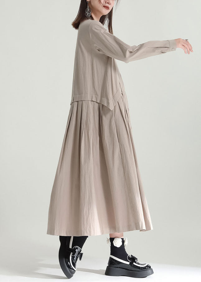 Color Stand Collar Patchwork Linen Long Dress Fall