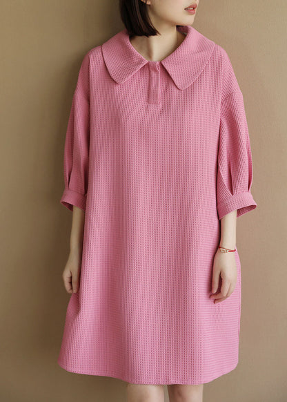 Pink Peter Pan Collar Plaid Cotton a Line Dresses Bracelet Sleeve