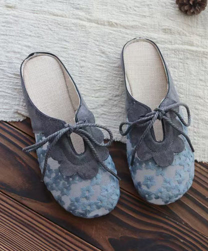 Splicing Grey Lace Breathable Mesh Lace Up Slide Sandals