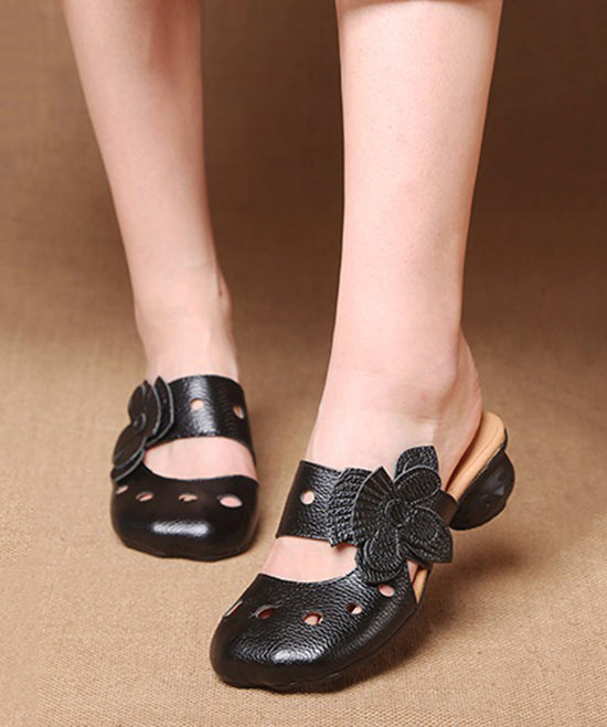 Splicing Hollow Out Chunky Black Cowhide Leather Slide Sandals
