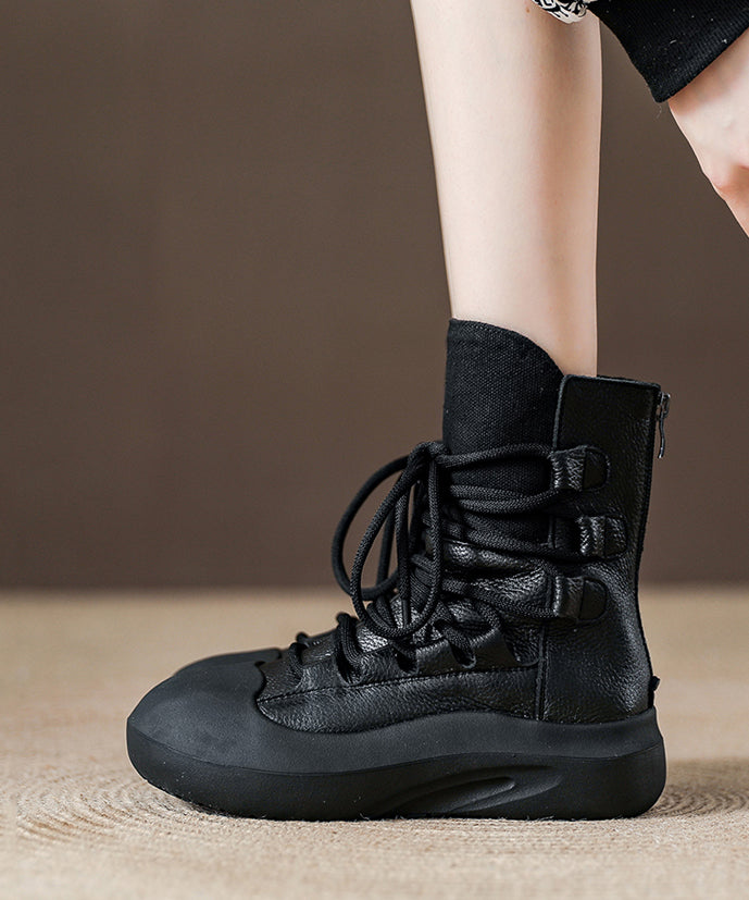 Splicing Platform Boots Black Cowhide Leather Lace Up