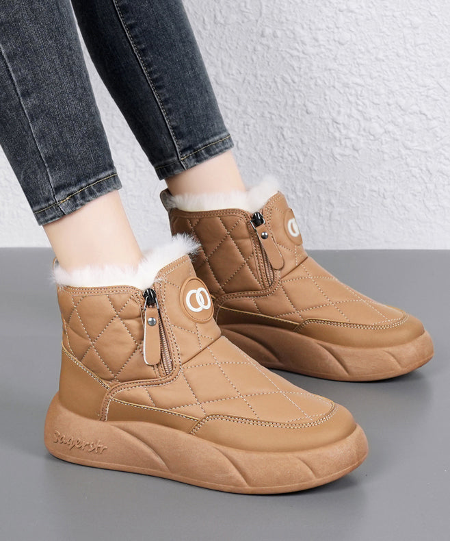 Splicing Platform Boots Khaki Fuzzy Wool Lined