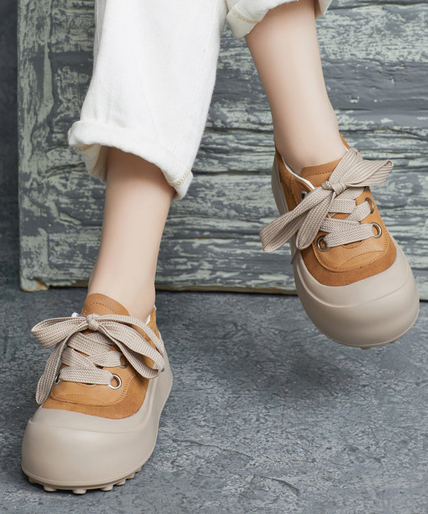 Splicing Platform Flat Shoes Brown Cowhide Leather Lace Up