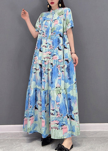 Stand Collar Button Wrinkled Print Chiffon Vacation Dress Short Sleeve