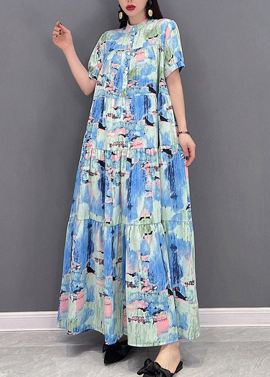 Stand Collar Button Wrinkled Print Chiffon Vacation Dress Short Sleeve