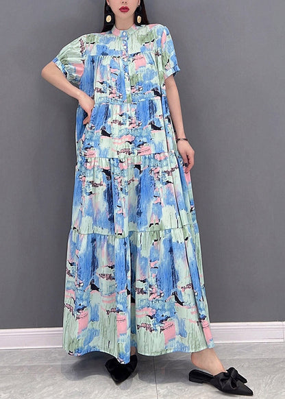Stand Collar Button Wrinkled Print Chiffon Vacation Dress Short Sleeve