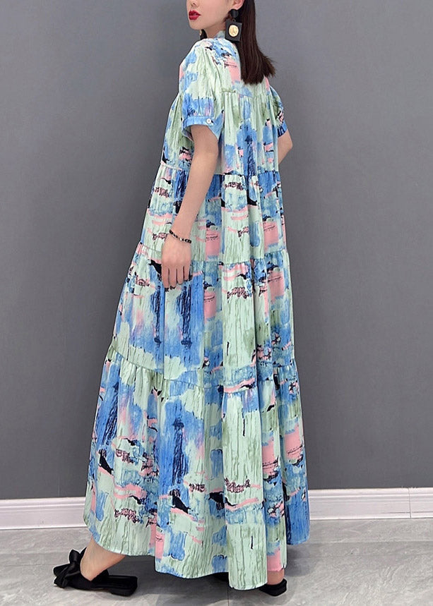 Stand Collar Button Wrinkled Print Chiffon Vacation Dress Short Sleeve